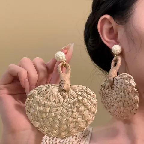 Boucles d'Oreilles Pendantes en Rotin Tissé à la Main Floral Géométrique Style Bohème Vacances Perle Artificielle Strass Bijoux Femme