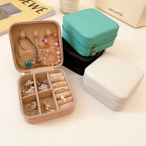 Portable PU Leather Jewelry Box Travel Mini Jewelry Organizer Case For Earrings Rings Necklaces Solid Color Zipper Storage Box