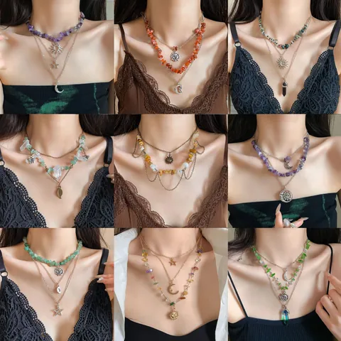 Collana a Strati Boho Vintage per Donna in Lega Perla Artificiale Pietra Naturale Ciondolo Sole Luna Stella Gioielli