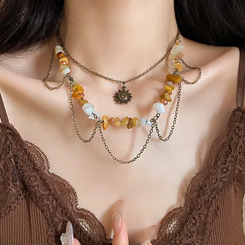 Collana a Strati Boho Vintage per Donna in Lega Perla Artificiale Pietra Naturale Ciondolo Sole Luna Stella Gioielli