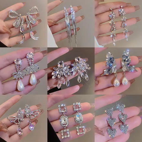 Sparkling Alloy Rhinestone Bow Knot Earrings Silver Needle Luxury Butterfly Tassel Stud Earrings For Women Fashion Jewelry Gift