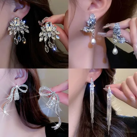 Sparkling Alloy Rhinestone Bow Knot Earrings Silver Needle Luxury Butterfly Tassel Stud Earrings For Women Fashion Jewelry Gift