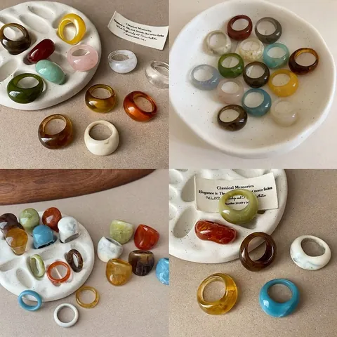 Vintage Resin Geometric Ring For Women French Minimalist Chunky Marble Texture Finger Ring Set Amber Tortoise Jewelry Accessory