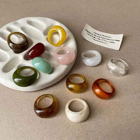 Vintage Resin Geometric Ring For Women French Minimalist Chunky Marble Texture Finger Ring Set Amber Tortoise Jewelry Accessory