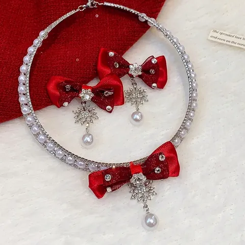 Rode Strik Sieradenset Voor Dames Legering Strass Kunstparel Sneeuwvlok Hanger Ketting Oorbellen Kerstfeest