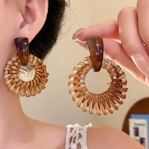 Boucles d'Oreilles Géométriques Vintage en Rotin Tressé Avec Perles en Bois Résine et Tige en Argent pour Femmes Bijoux