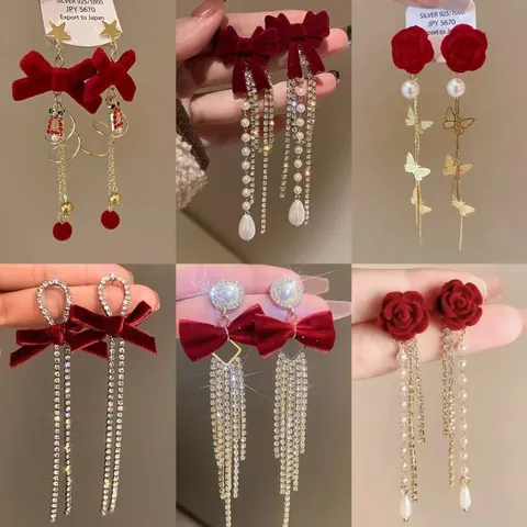 Wine Red Flocked Bow Pearl Tassel Earrings For Women Elegant Rhinestone Flower Rose Stud Earrings Vintage Jewelry Gift