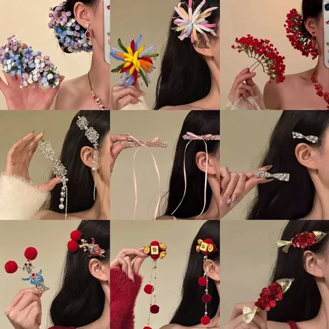 Chinese Style Lunar New Year Lion Bow Hair Clip For Women Red Festive Tassel Duckbill Clip Rhinestone Artificial Pearl Headwear Gift