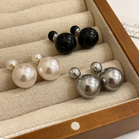 Double Sided Artificial Pearl Ball Earrings With Silver Earring Post French Retro Style Large And Small Beads For Women