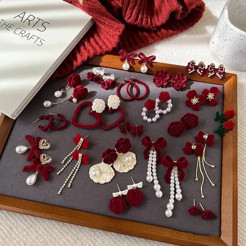 Vintage Weinrot Beflockung Ohrringe Für Damen Herbst Winter Französischer Stil Schleife Rose Blume Künstliche Perle Strass Herz Ohrringe