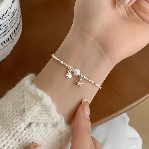 Bracelet À Pendentif Étoile De Mer Et Coquillage Thème Océan Avec Künstliche Perle Et Künstliche Perles En Argent Sterling 925