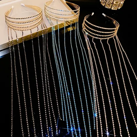 Serre-Tête Multicouche à Franges en Strass à la Mode pour Femmes Cerceau de Cheveux de Luxe à Longues Franges Design Surdimensionné Accessoires de Cheveux