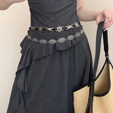 Vintage Ethnic Alloy Metal Waist Chain Butterfly Oval Relief Design Bohemian Style Body Jewelry Adjustable Belt For Women Dress
