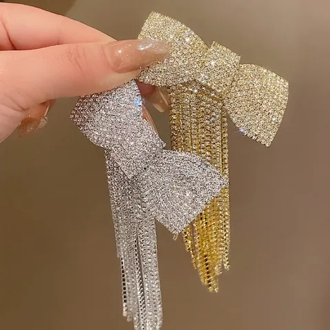 Fermaglio per Capelli con Fiocco e Nappe in Strass Oro Argento Rame Clip a Molla Moda Dolce Accessori Capelli Donna Festa