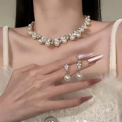 Halskette Und Ohrringe Mit Strass Und Künstliche Perlenimitat Mit Silver Earring Post Eleganter Französischer Luxus Schmuck Für Damen