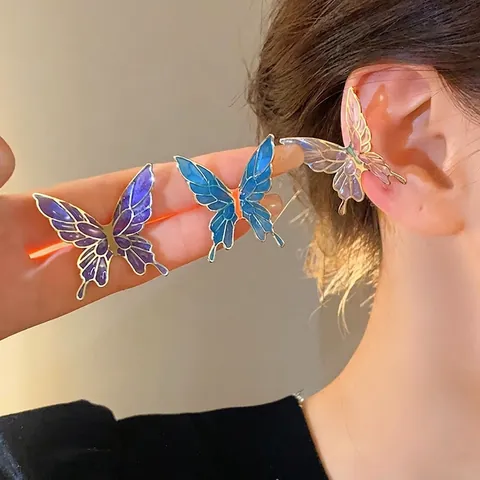 Pastoral Style Alloy Butterfly Enamel Ear Clips For Women Fresh Sweet Gradient Color Butterfly Non-Pierced Earrings Jewelry