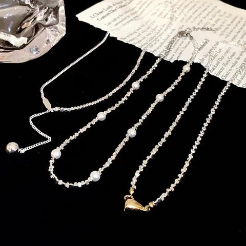 Franse Eenvoudige Hart Hanger Halsketting Hematiet Legering Ketting Choker Voor Vrouwen Kunstparel Goud Zilver Sieraden