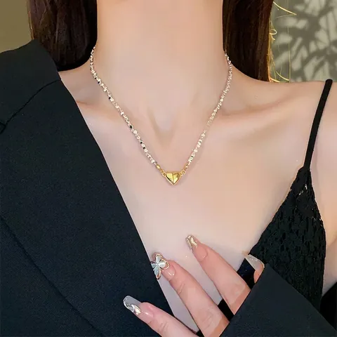 Franse Eenvoudige Hart Hanger Halsketting Hematiet Legering Ketting Choker Voor Vrouwen Kunstparel Goud Zilver Sieraden