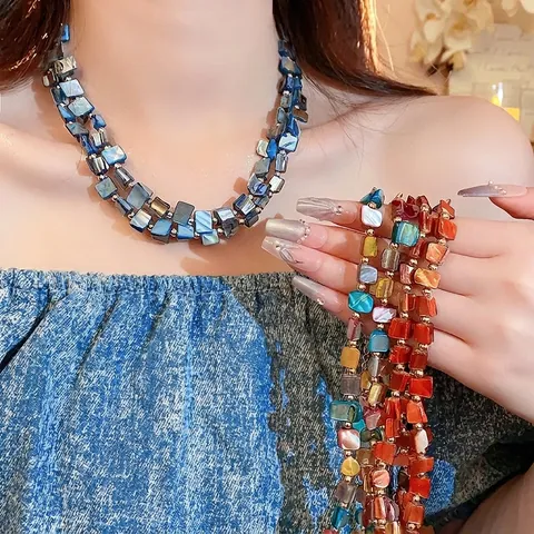 Retro Irregular Double Layer Shell Beaded Necklace Mother Of Pearl Shell Necklace For Women Vintage Jewelry Accessory