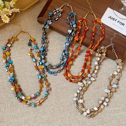 Retro Irregular Double Layer Shell Beaded Necklace Mother Of Pearl Shell Necklace For Women Vintage Jewelry Accessory