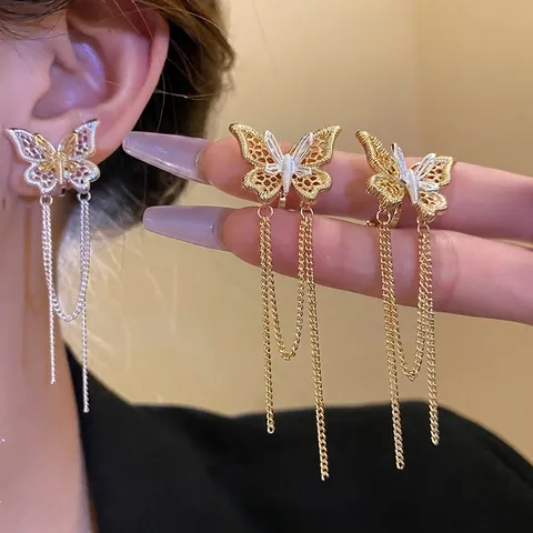 18K Gold Plated Butterfly Ear Clips No Piercing Exquisite Hollow Tassel Earrings Gold Silver Bicolor Jewelry For Women