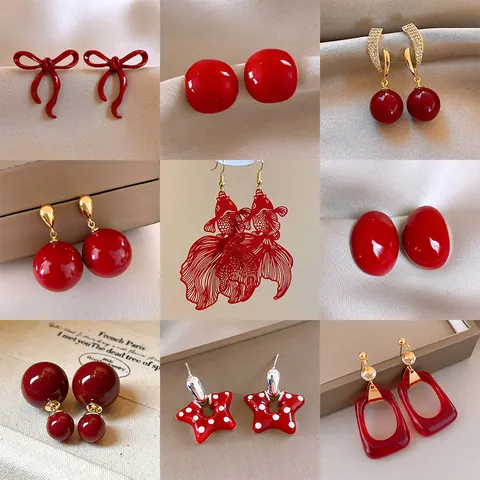 Boucles d'Oreilles Clous Cœur Rouge Ankora pour Femmes Alliage Vintage Peint Cerise Fraise Boucles d'Oreilles Pendantes Bijoux de Fête