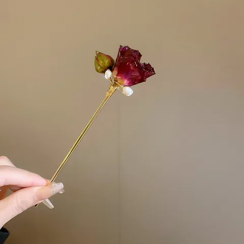 New Chinese Style Rose Flower Hair Stick With Artificial Pearl Alloy Hair Pin Retro Elegant Floral Jewelry For Women Gift