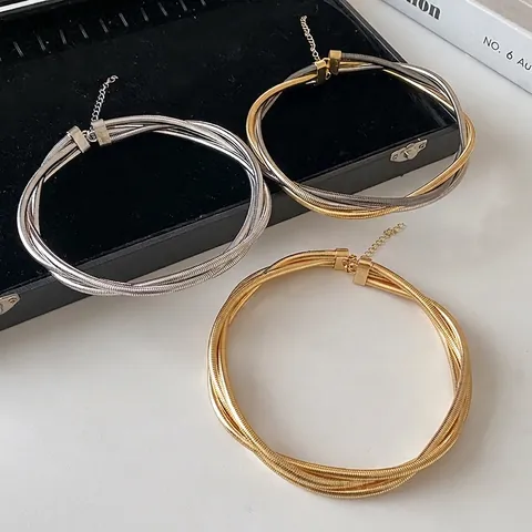 Minimalist Alloy Twisted Geometric Necklace For Women Multilayer Snake Chain Choker European Metallic Personality Neck Jewelry