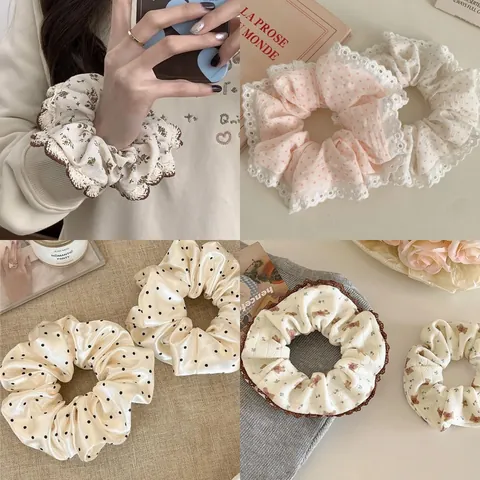 Korean Style Sweet Floral Polka Dot Hair Scrunchies High Elasticity Fabric Hair Ties Fashion Cute Headwear For Women Girls