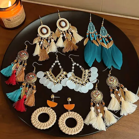 Bohemian Feather Tassel Drop Earrings For Women Vintage Ethnic Style Handmade Alloy Bead Dangle Earrings Fashion Jewelry