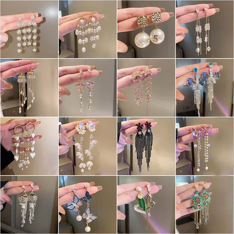 Pendientes Largos Vintage de Aleación de Mariposa y Perla Artificial con Borla Con Poste de Plata de Ley 925 para Mujer Joyas de Flor de Strass