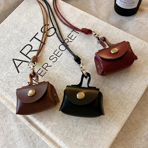Retro Faux Leather Mini Bag Necklace Earphone Coin Pouch Pendant Long Sweater Chain For Women Handmade Fashion Jewelry Accessory