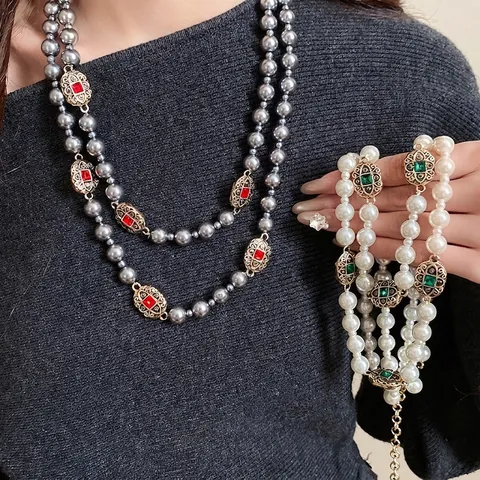 Vintage Alloy Artificial Pearl Rhinestone Jewelry Set Elegant Gold Plated Necklace Earrings For Women Jewelry