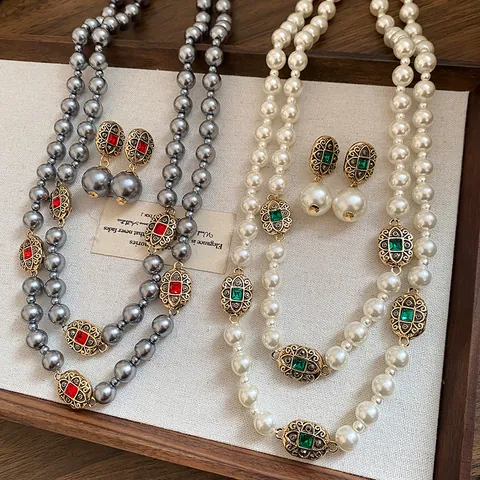 Vintage Alloy Artificial Pearl Rhinestone Jewelry Set Elegant Gold Plated Necklace Earrings For Women Jewelry
