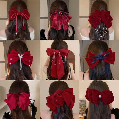 Sweet Red Velvet Bow Knot Hair Clip With Artificial Pearl Rhinestone Tassel Floral Spring Clip Vintage Hair Accessory For Women Party