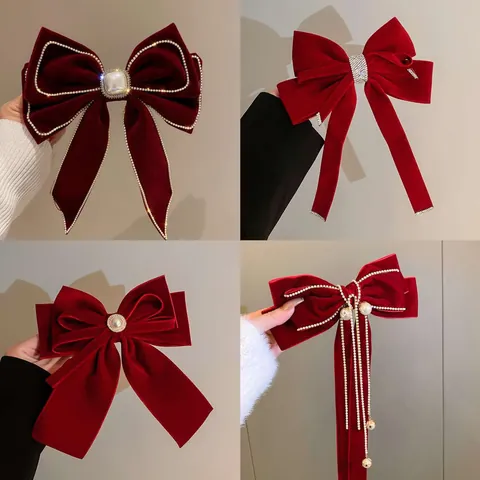 Sweet Red Velvet Bow Knot Hair Clip With Artificial Pearl Rhinestone Tassel Floral Spring Clip Vintage Hair Accessory For Women Party