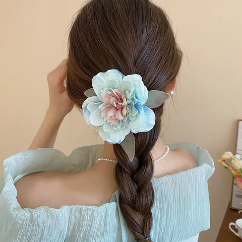 Silver Orchid Flower Hair Claw Clip With Artificial Pearl Gradient Blue Green Romantic Hair Accessory For Women