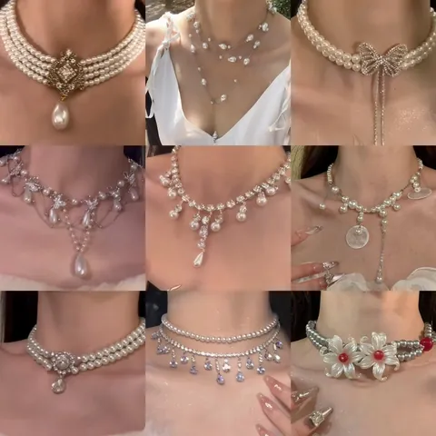 Collana di Perle Artificiali con Ciondolo a Goccia d'Acqua in Strass di Lusso Francese per Donna Gioielli in Lega