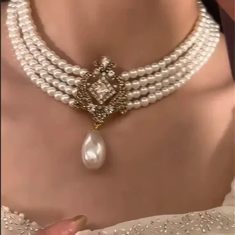 Collana di Perle Artificiali con Ciondolo a Goccia d'Acqua in Strass di Lusso Francese per Donna Gioielli in Lega