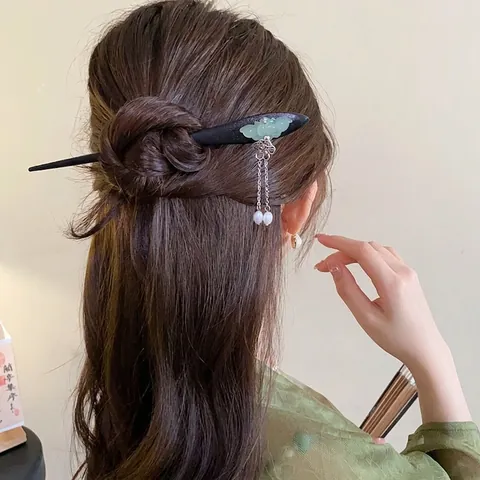 Haarstab aus Holz im neuen chinesischen Stil, Vintage, elegant, Hanfu-Kopfschmuck, Blumen-Quaste, Haarnadel für Damen, Schmuck-Accessoire