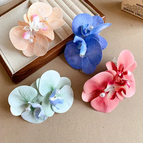 Handmade Fabric Flower Artificial Pearl Duckbill Clip Elegant Orchid Hair Clip For Seaside Vacation Hair Accessory Women