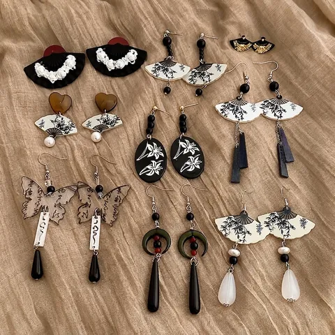 New Chinese Style Vintage Tassel Earrings For Women Retro Alloy Artificial Pearl Bamboo Fan Drop Earrings Jewelry Gift