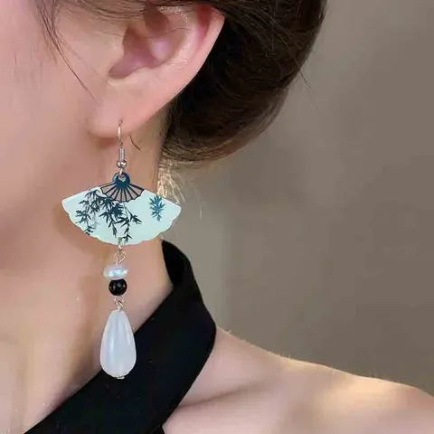 New Chinese Style Vintage Tassel Earrings For Women Retro Alloy Artificial Pearl Bamboo Fan Drop Earrings Jewelry Gift