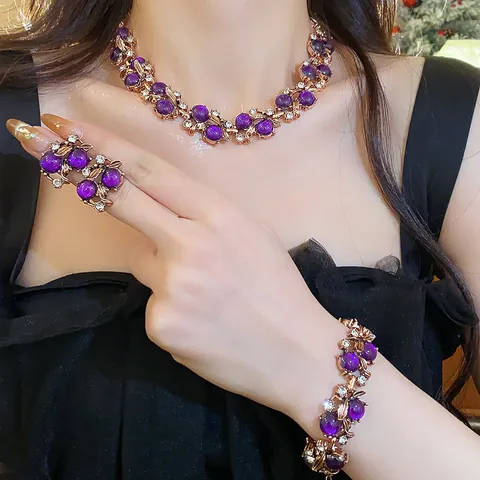 Vintage Palaststil Blumenblatt Schmuckset Roségold Lila Perlen Strass Eingelegte Halskette Armband Ohrringe Set Damen