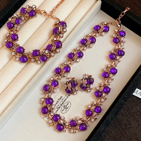 Vintage Palaststil Blumenblatt Schmuckset Roségold Lila Perlen Strass Eingelegte Halskette Armband Ohrringe Set Damen