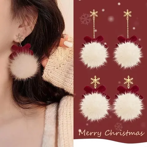 Navidad Copo de Nieve Pom-Pom Lazo Pendientes de Botón Aleación Strass Perla Artificial Invierno Festivo Joyería Regalo Para Mujer