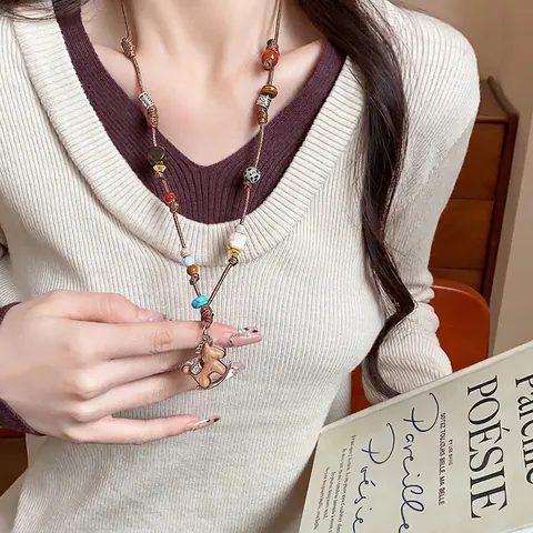 Hand-Woven Rocking Horse Necklace Vintage Niche Design Cloth Wood Copper Sweater Chain Colorful Beads Long Necklace For Women