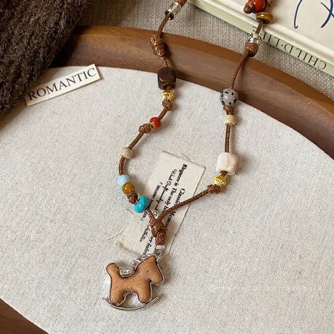 Hand-Woven Rocking Horse Necklace Vintage Niche Design Cloth Wood Copper Sweater Chain Colorful Beads Long Necklace For Women
