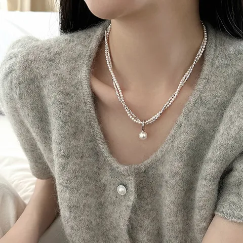 Dubbellaagse Hematiet Kunstparel Hanger Ketting Vintage Zilveren Nugget Stijl Hart Strik Smiley Choker Elegante Mode Sieraden Voor Vrouwen