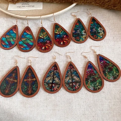 Boho Holz Acryl Wassertropfen Ohrringe Vintage Bedruckte Teardrop Haken Ohrringe Für Damen Ethnische Schmuck Accessoires